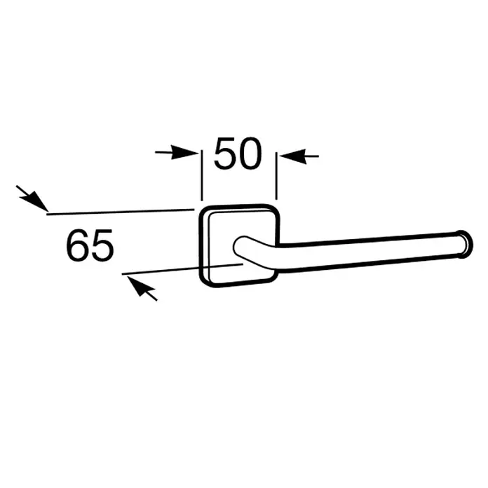 Roca Victoria Portarrollos papel higiénico - Sin tapa, Cromo, Metal - Imagen de una manija de puerta con medidas de 50 mm y 65 mm. El dibujo técnico representa los herrajes de la puerta.