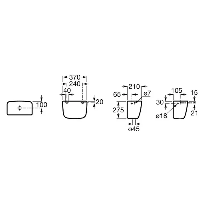 Roca Cisterna de superficie alto Universal - Blanco - Dibujo técnico de un lavabo con varias vistas y dimensiones para la instalación.