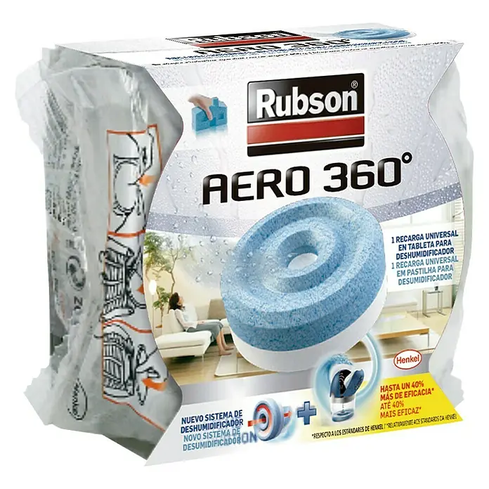 Rubson Pack de recambios para el deshumidificador Aero 360º - 450 g - Imagen del deshumidificador Rubson AERO 360° con recambio, diseñado para reducir la humedad y mejorar la calidad del aire en casa.