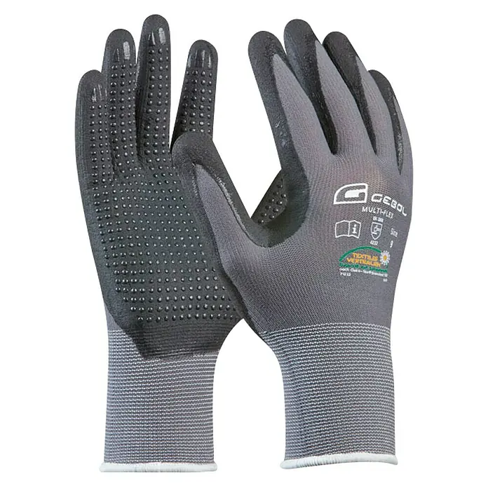 Gebol Guantes de trabajo Multi-Flex - Talla del guante: 10, Gris, 2 ud. - Guantes de trabajo grises Gebol Multi-Flex con revestimiento punteado para mejor agarre, ideales para diversas tareas.