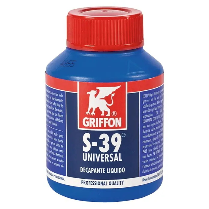 Decapante para soldadura líquido S-39 - 80 ml - Botella azul de Griffon S-39 Universal Decapante Liquid, calidad profesional, con tapón rojo.