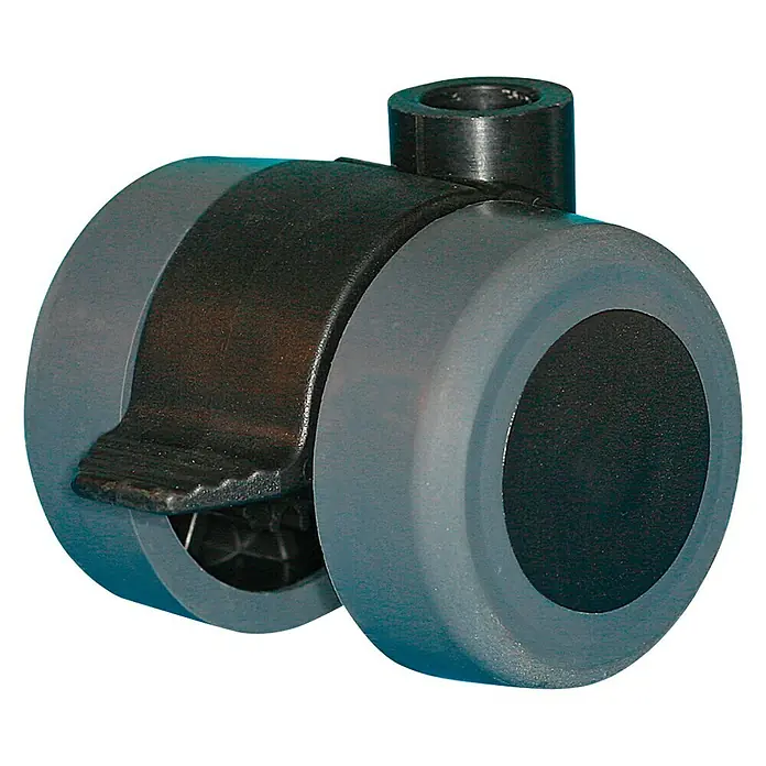Stabilit Parkett-Containerrolle - Durchmesser Rollen: 35 mm, Traglast: 70 kg, Gleitlager, Mit Rückenloch und Feststeller, Durchmesser Rückenloch: 8 mm - Grauer Doppelrad-Möbelroller mit schwarzem Bremshebel und schwarzem Sockel für einfache Mobilität und sicheren Stand Ihrer Möbel.