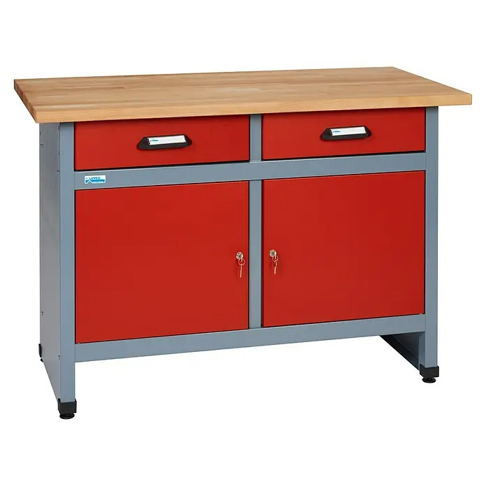 Küpper Werkbank - L x B: 60 x 120 cm, Arbeitshöhe: 84 cm, Belastbarkeit: 300 kg, Rot/Silbergrau, Anzahl Schubladen: 2 Stk. - Hier ist eine Werkbank mit Schubladen und Schränken in Rot und Grau mit einer hölzernen Arbeitsplatte.