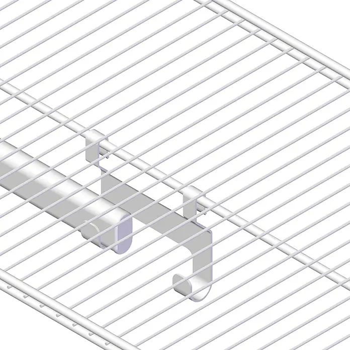 Lundbergs Doppelhaken - L x B x H: 19 x 94 x 81 mm, Weiß, Geeignet für: Kleiderstangen, 2 Stk. - Nahaufnahme eines weißen, pulverbeschichteten Regals mit einer stabilen Kleiderstange und einem passenden Haken zur Aufbewahrung von Kleidung.