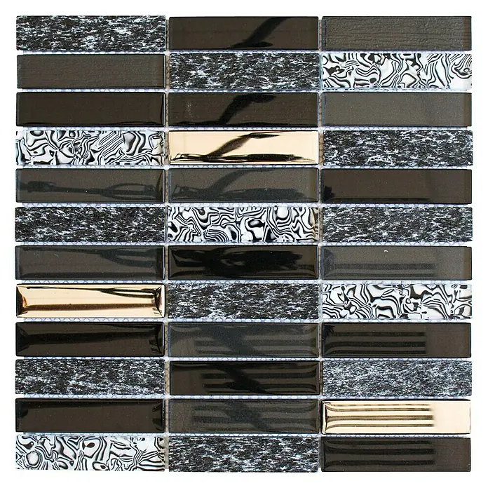 Mosaikfliese Rechteck Crystal Mix NIGHT 88X - 29,8 x 29,8 cm, Schwarz, Glänzend - Dieses Bild zeigt eine Nahaufnahme von Mosaikfliesen in Schwarz-, Weiß- und Goldtönen, die ein elegantes Muster bilden.