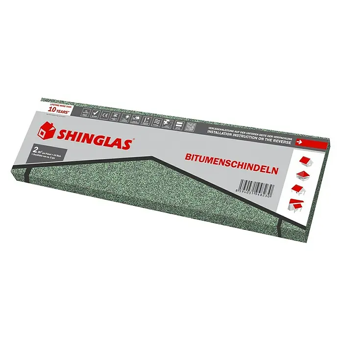 Rechteckschindel - Grün, 14 Stk., Bitumen - Paket Bitumenschindeln der Marke Shinglas, ideal für langlebige Dacheindeckungen mit über 10 Jahren Lebensdauer.