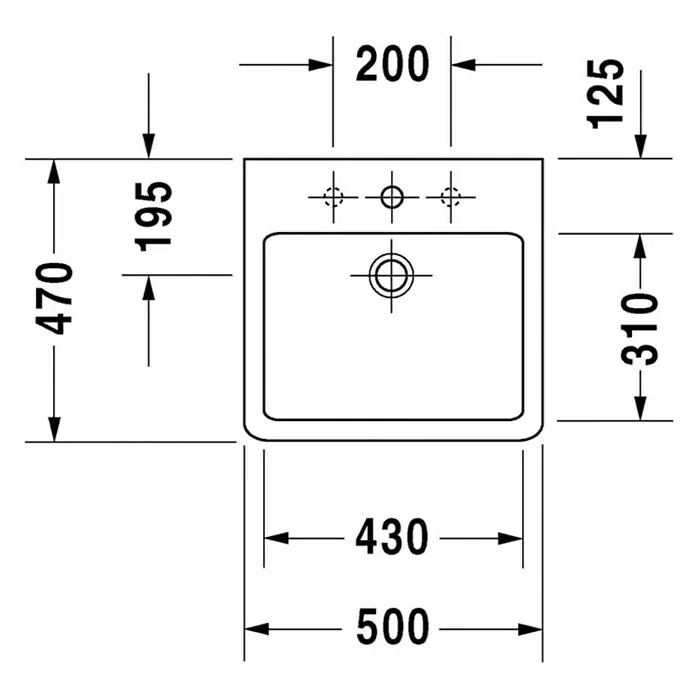 Duravit Vero Waschbecken Typ 1 - 50 x 47 cm, Mit schmutzabweisender Glasur, Hahnloch: Mitte, Mit Überlauf, Weiß, Geschliffen - Technische Zeichnung eines Aufsatzwaschbeckens mit Abmessungen für die Installation.