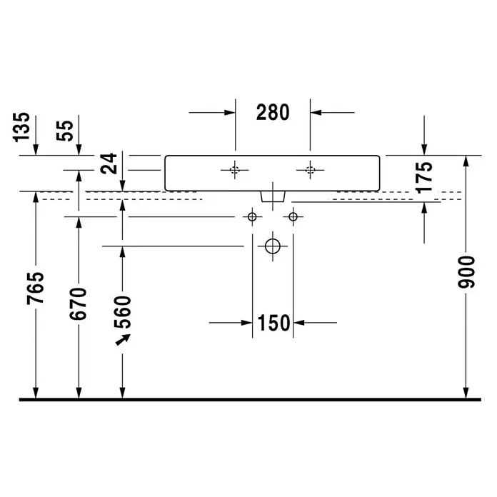 Duravit Vero Waschtisch - 80 x 47 cm, Ohne Spezialglasur, Hahnloch: Mitte, Mit Überlauf, Weiß, Geschliffen - Technische Zeichnung eines Waschbeckens mit Bemaßung. Die Zeichnung zeigt die Maße des Waschbeckens und seiner Installation.