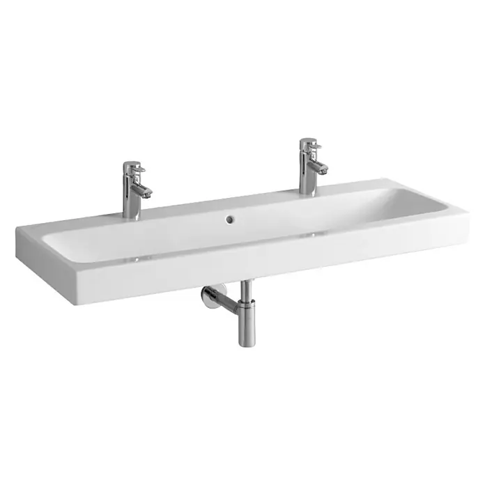 Geberit iCon Doppelwaschtisch - 120 x 48,5 cm, Ohne Spezialglasur, Hahnloch: Mitte, Mit Überlauf, Weiß - Eine weiße Doppelwaschtisch-Einheit mit zwei Armaturen und einem verchromten Siphon, ideal für moderne Badezimmer.