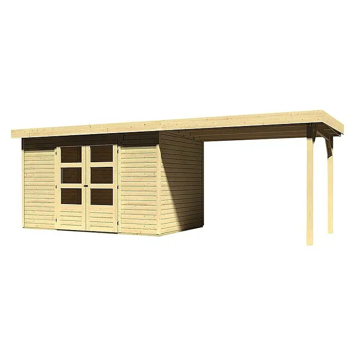 Karibu Gartenhaus Askola - Außenmaß inkl. Dachüberstand (B x T): 591,5 x 238 cm, Holz, Natur, Mit Anbau - Ein geräumiges Gartenhaus aus Holz mit einem angrenzenden Carport bietet großzügigen Stauraum und Schutz für Fahrzeuge oder Gartengeräte.