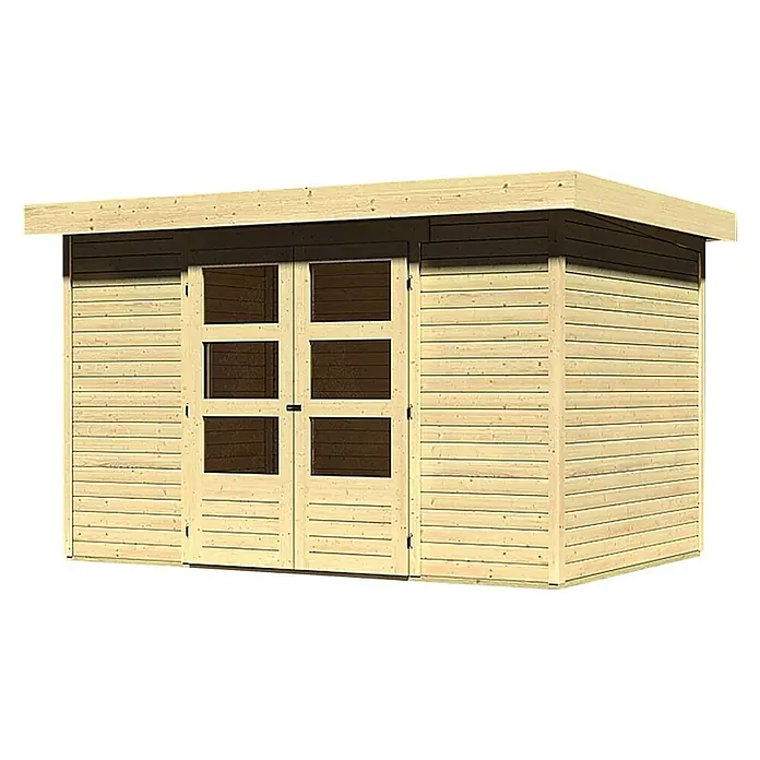 Karibu Gartenhaus Askola - Außenmaß inkl. Dachüberstand (B x T): 330 x 238 cm, Holz, Natur - Abbildung eines modernen Holzschuppens mit Doppeltüren und Fenstern, ideal für die Gartenaufbewahrung.