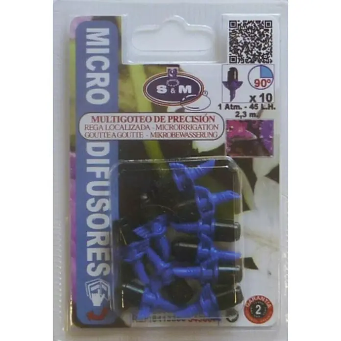 Tobera pulverizadora microdifusora 90º L/H 45 - 10 ud., Formas de riego: 90° - Imagen de un paquete de 10 microdifusores S&M, ideales para un riego preciso en el jardín.
