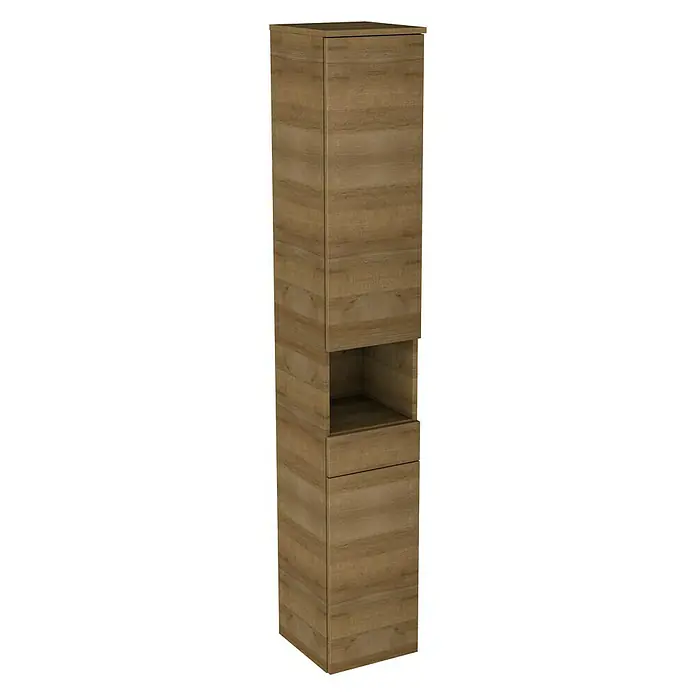 Camargue Star Hochschrank - 30,4 x 32,5 x 181,6 cm, Berg Eiche, DIN Anschlag: Rechts - Ein schlanker, hölzerner Badezimmerschrank mit offenem Fach und Schublade bietet viel Stauraum auf kleinem Raum.