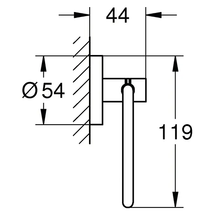 Grohe Essentials Toilettenpapierhalter - Ohne Deckel, Chrom, Glänzend - Eine technische Zeichnung eines Hängegriffen, die Dimensionen von Ø54, 44 und 119 darstellt.
