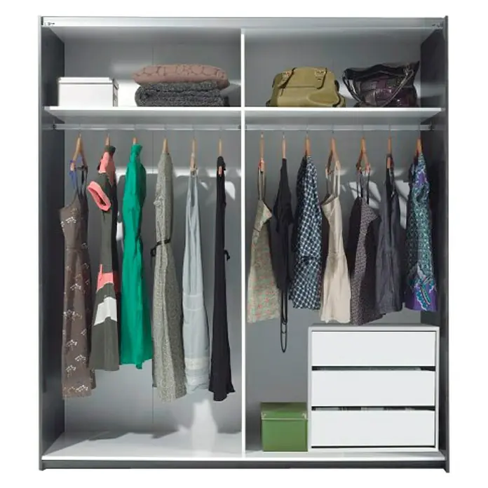 Cajonera para armario - L x An x Al: 44 x 60 x 57 cm, Melamina, Blanco - Armario que muestra un surtido de ropa, accesorios y cajas de almacenamiento divididos en dos secciones para un almacenamiento organizado.