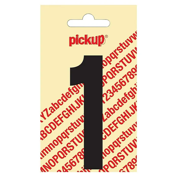 Pickup Aufkleber - Motiv: 1, Schwarz, Höhe: 90 mm - Auf dem Bild ist die Hausnummer Eins von Pickup auf beigem Hintergrund mit roten Buchstaben abgebildet.
