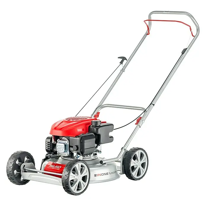 AL-KO Benzin-Rasenmäher Silver 468 P-A Bio - 123 cm³, Schnittbreite: 46 cm - Abbildung eines AL-KO 2INONE Function Benzin-Rasenmähers mit roten und silbernen Akzenten.