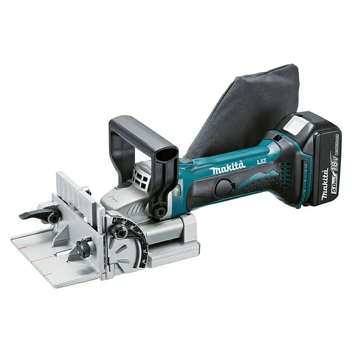 Makita LXT 18V Fresa de ranurado de batería DPJ180RTJ - 18 V, 2 baterías, 5 Ah, 20 mm - Fresa de ensamblar inalámbrica Makita DPJ180Z con bolsa de polvo & batería. Ideal para uniones de madera precisas y aplicaciones profesionales.