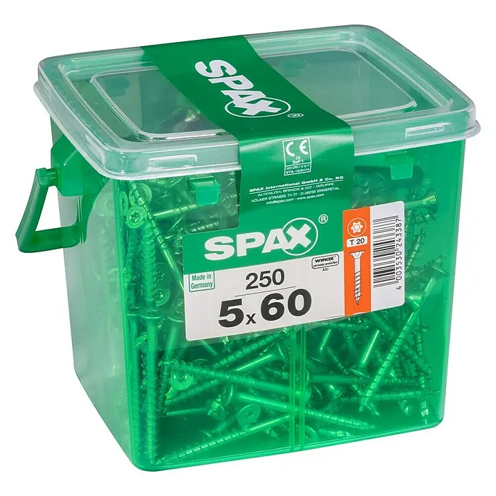 Spax Universalschraube T-Star plus - Ø x L: 5 x 60 mm, WIROX Oberfläche, T-Star plus, 250 Stk., Kunststoffbox - Dose mit 250 SPAX Universalschrauben 5x60 mm, ideal für diverse Holzbauprojekte und Heimwerkerarbeiten, Made in Germany.