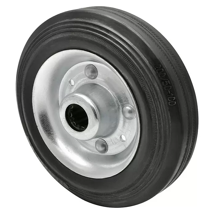 Wagner System Transportgeräterolle - Durchmesser Rollen: 200 mm, Traglast: 200 kg - Schwarzes Gummirad mit silberner Metallnabe, verzahnter Bohrung und Kennzeichnung "200/50-100".