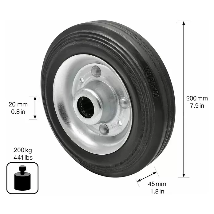 Wagner System Transportgeräterolle - Durchmesser Rollen: 200 mm, Traglast: 200 kg - Schwarzes Gummi-Rad mit silberner Metallnabe. 200mm Durchmesser, 45mm Breite, 200kg Tragkraft.