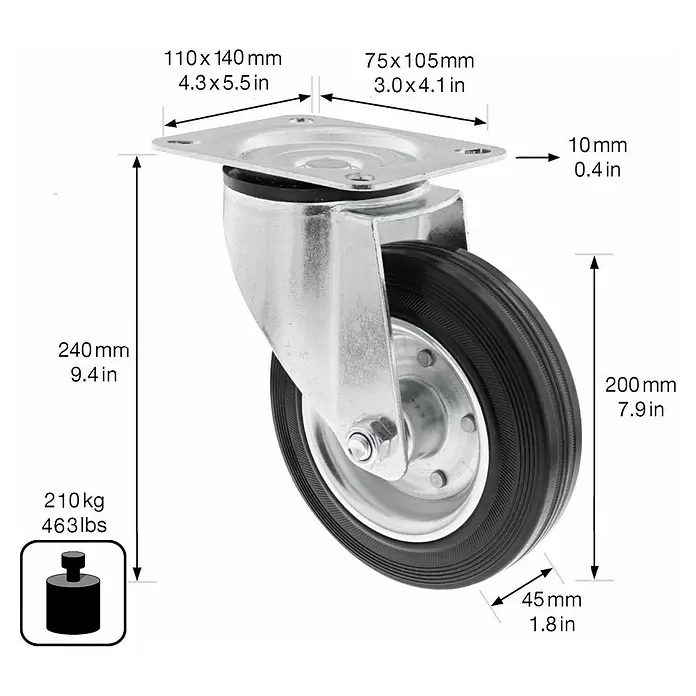 Wagner System Transportgeräte-Lenkrolle - Durchmesser Rolle: 200 mm, Traglast: 210 kg - Schwerlast-Lenkrolle mit schwarzem Gummireifen und silbernem Metallgehäuse, Abmessungen und 210kg Tragkraft.