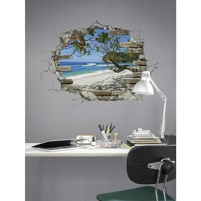 Komar Wandtattoo Break Out - 70 x 50 cm - Wand mit 3D-Effekt-Strandbild, das eine entspannende Atmosphäre ins Zimmer bringt. Die realistische Optik verleiht dem Raum eine besondere Note.