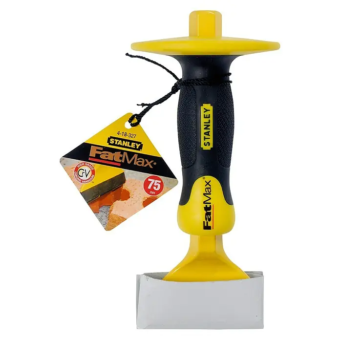 Stanley Cincel plano para ladrillos - An x L: 75 x 215 mm, Acero - Partidor de piedra Stanley FatMax: Herramienta robusta para la división precisa de piedras, con mango ergonómico para un trabajo cómodo y alta fuerza de impacto.