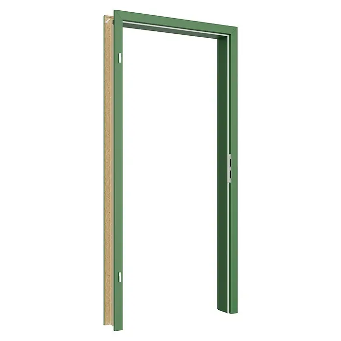 GetaDoor Getalit Türzarge FM8237 - 860 x 1.985 mm, Wandstärke: 125 mm, DIN Anschlag: Links, Edeltanne - Bild eines grünen Türrahmens mit Holzdetails, der ein modernes und stilvolles Design für den Innenausbau präsentiert.