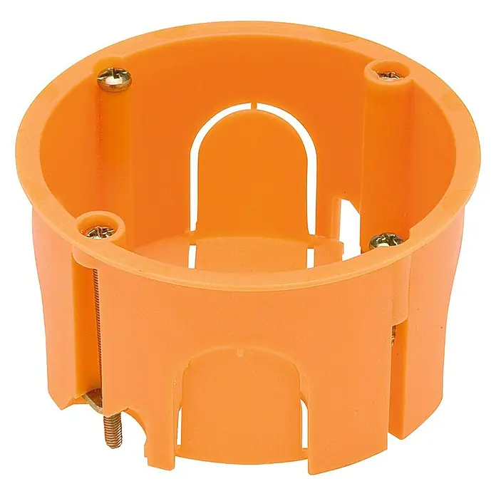 Famatel Caja de empotrar Pladur - 67 x 39 mm, Sin tapa, Naranja, 1 ud., Modelo simple - Primer plano de una caja de empotrar redonda naranja para instalaciones eléctricas, con tornillos y recortes.