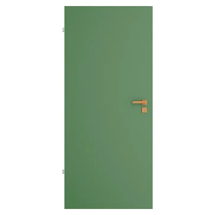 GetaDoor Getalit Zimmertür FM8237 - 860 x 1.985 mm, DIN Anschlag: Links, Edeltanne, Röhrenspan - Grüne Tür mit goldenem Griff und Schloss.