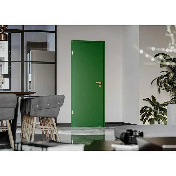 GetaDoor Getalit Zimmertür FM8237 - 735 x 1.985 mm, DIN Anschlag: Links, Edeltanne, Röhrenspan - Ein grünes Türblatt ist der Blickfang in diesem Interieur. Das moderne Design der Tür harmoniert perfekt mit der Einrichtung des Raumes.