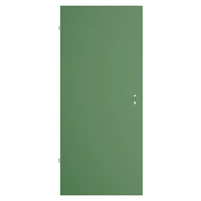 GetaDoor Getalit Zimmertür FM8237 - 860 x 1.985 mm, DIN Anschlag: Links, Edeltanne, Röhrenspan - Eine grüne Tür mit silbernen Beschlägen und einem Spion. Die Tür wirkt robust und einladend.
