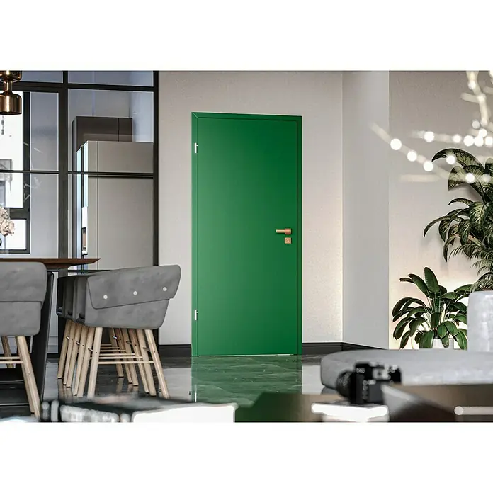 GetaDoor Getalit Türzarge FM8237 - 860 x 1.985 mm, Wandstärke: 205 mm, DIN Anschlag: Links, Edeltanne - Moderne grüne Innentür mit schlichtem Design und goldenem Türgriff, passend zu einem stilvollen Wohnraum.