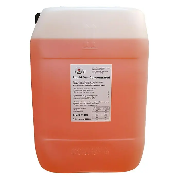 Sunset Solar-Frostschutzmittel - Frostbeständig: Bis -28 °C, 31 l - Ein Kanister mit „Liquid Sun Concentrated“ Kühlmittel, ein Gefrierschutzmittel für Flachkollektoren, mit einem Gewicht von 31 kg.