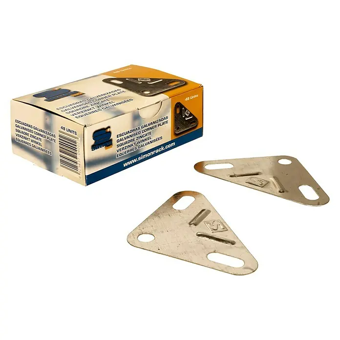 Simonrack Juego de escuadras - 48 ud., Gris - La imagen muestra un paquete y dos escuadras de ángulo galvanizadas de Simonrack.