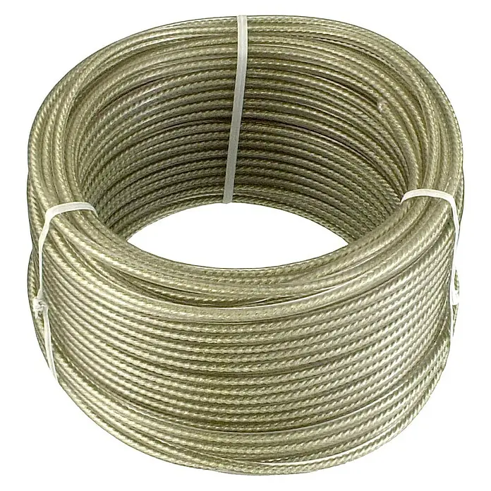 Cable metálico DY2701381 - Carga soportada: 36 kg, Ø x L: 3 mm x 20 m, Zincado - Primer plano de un rollo de cable transparente sujeto con bridas, ideal para diversas aplicaciones y proyectos.