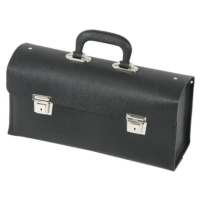 Hepco & Becker Werkzeugtasche Favorit 7190 - Innenmaß: B x T x H: 340 x 110 x 170 mm, Leder - Schwarze Aktentasche aus Leder mit silbernen Schnallen und einem Griff auf einem weißen Hintergrund.