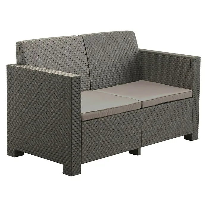 Shaf Conjunto de muebles Evo - 4 pzs., Polipropileno, Antracita - Sofá de ratán gris de dos plazas con cojines cómodos. Ideal para el jardín o la terraza.