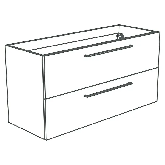 Camargue Espacio Waschtischunterschrank - 120 x 46 x 60 cm, 2 Schubkästen, Mira - Diese Abbildung zeigt einen modernen Waschbeckenunterschrank mit zwei Schubladen und minimalistischen Griffen in einer skizzenhaften Darstellung.