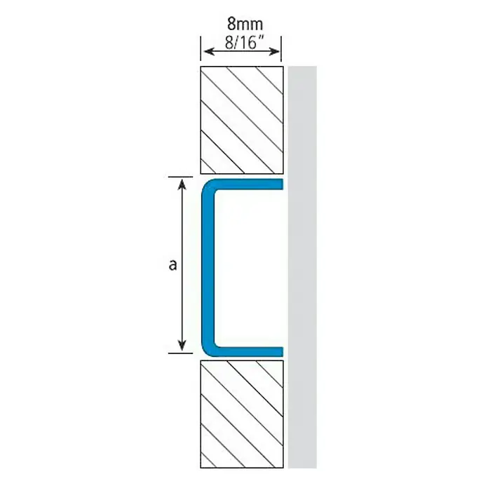 Perfil en U decorativo 3D Cuadrado Oro - Oro, 2,5 m x 8 mm - Ilustración de una moldura de canal en U azul asegurada entre una pared y un marco de madera, detallada con medidas de tamaño.