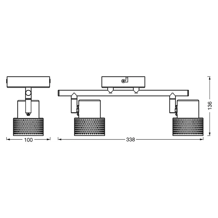 Ledvance Wandstrahler Spot Cork - 6,8 W, L x B x H: 33,8 x 10 x 13,6 cm, Weiß, GU10, 2 Stk. - Technische Zeichnung einer Dreifach-Deckenleuchte mit Maßen.