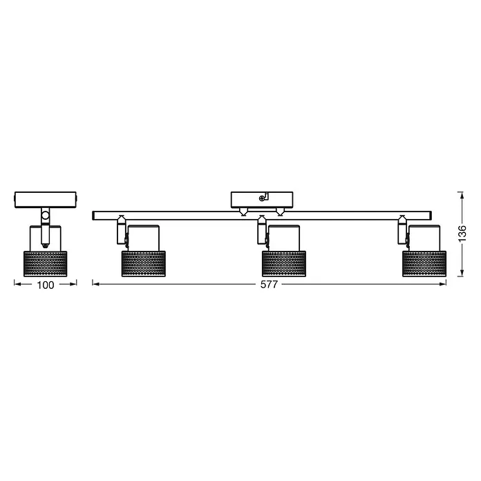 Osram Wandstrahler Spot Cork - 10,2 W, L x B x H: 57,7 x 10 x 13,6 cm, Weiß, GU10, 3 Stk. - Abbildung einer Innenleuchte mit vier Strahlern, die an einer Stange befestigt sind. Die Strahler haben ein wabenförmiges Muster.