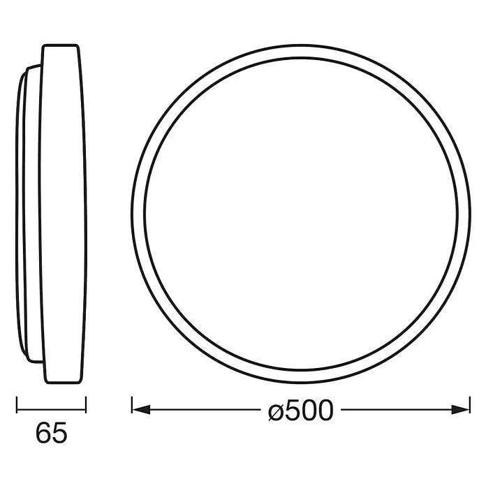 Osram Orbis LED-Deckenleuchte rund Alison - 36 W, Ø x H: 50 x 6,5 cm, Holzdekor, Warmweiß - Technische Zeichnung einer runden Leuchte mit den Maßen 65mm Tiefe und einem Durchmesser von 500mm.