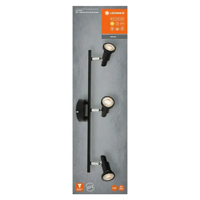 Ledvance Deckenstrahler Spot - 10,2 W, L x B x H: 48,6 x 9 x 15,5 cm, Schwarz, GU10, 3 Stk. - Produktverpackung einer LEDVANCE LED-Spotleuchte mit drei Strahlern, inklusive OSRAM LED 3.4W GU10 DIM, ideal für Innenräume und mit 5 Jahren Garantie.