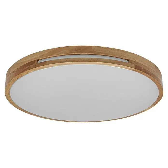 Osram Orbis LED-Deckenleuchte rund Woodburry - 16 W, Ø x H: 30 x 6,5 cm, Holzdekor, Warmweiß - Hölzerne Deckenleuchte mit einer runden, weißen Abdeckung, die ein warmes und einladendes Licht spendet, ideal für Wohnräume und Büros.