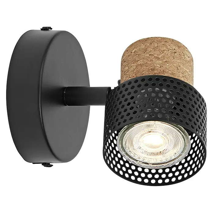 Ledvance Wandstrahler Spot Cork - 3,4 W, L x B x H: 9 x 12,6 x 10,1 cm, Schwarz, GU10, 1 Stk. - Nahaufnahme einer modernen schwarzen Wandleuchte mit einem Korkelement, die ein warmes Licht ausstrahlt.