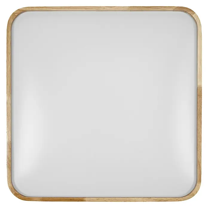 Osram LED-Deckenleuchte Alicia - 24 W, L x B x H: 39,5 x 39,5 x 6 cm, Holzdekor, Warmweiß - Das Bild zeigt eine quadratische Deckenleuchte mit abgerundeten Ecken und einem hellen Holzrahmen, die ein modernes und minimalistisches Design aufweist.