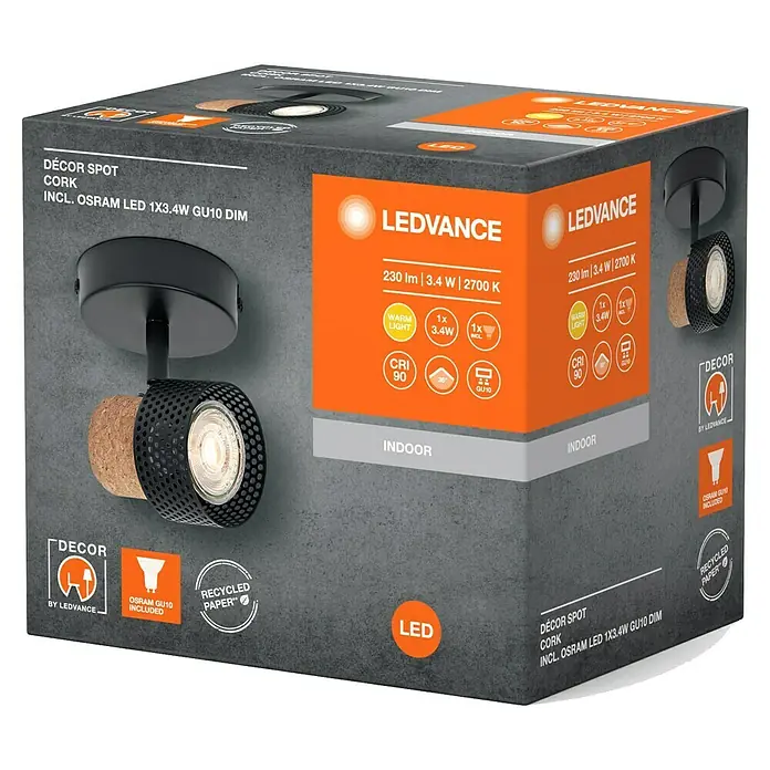 Ledvance Wandstrahler Spot Cork - 3,4 W, L x B x H: 9 x 12,6 x 10,1 cm, Schwarz, GU10, 1 Stk. - Nahaufnahme der Verpackung für den LEDVANCE Décor Spot Cork, einer stilvollen Innenraumleuchte mit Korkakzenten.