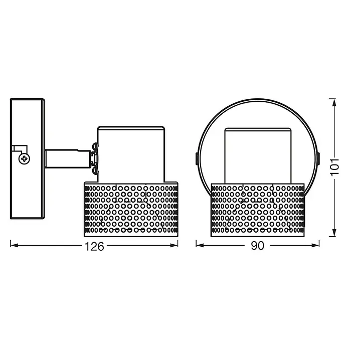 Ledvance Wandstrahler Spot Cork - 3,4 W, L x B x H: 9 x 12,6 x 10,1 cm, Weiß, GU10, 1 Stk. - Eine detaillierte Zeichnung einer modernen Wandleuchte mit Maßen, die Design und Installation veranschaulichen.